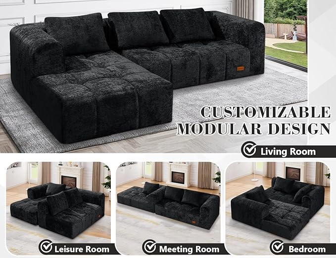 HABUTWAY 105" L-Shaped Modular Sectional Sofa, No Assembly Required Deep Seat Couch with 3 Pillows, Soft Fabric Upholstered, Modern Chaise Lounge for Living Room, Bedroom,Black
