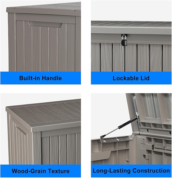 150 Gallon Deck Box,Resin Outdoor Storage Box with Lockable for Patio Furniture, Pool Accessories, Garden Tools Waterproof Outside Storage Box, Grey