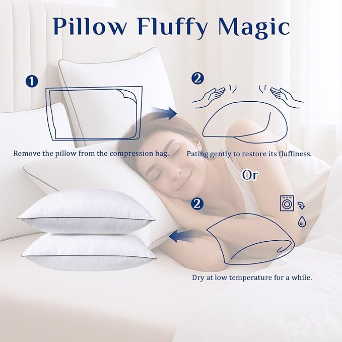 JOLLYVOGUE Pillows Queen Size Set of 2 for Sleeping, Soft and Supportive Bed Pillow with Down Alternative Filling for Side and Back Sleepers, Hotel Collection