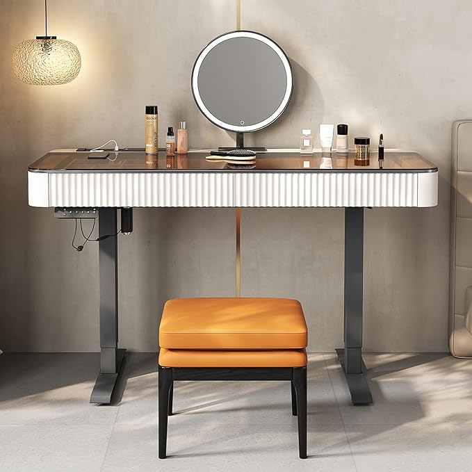 Lartis Vanity Table with Stool,Electric Lift Vanity Desk,Vanity Set，Up and Down Desk, Standing Vanity with Drawer (Ivory White, 47 in)