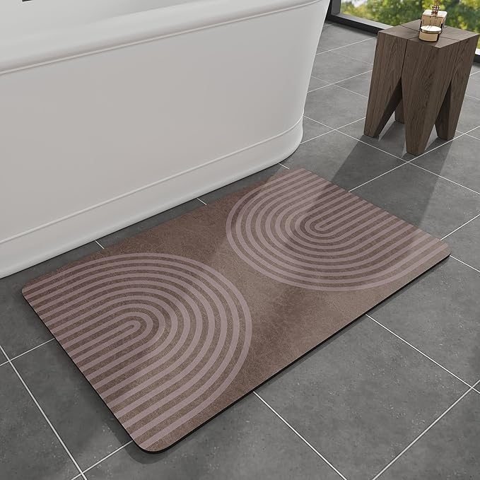 MontVoo -Bath Mat-Non Slip Thin Bathroom Rugs Fit Under Door- Quick Dry Absorbent Faux Suede Surface Grey Bathroom Floor Mats-Shower Rug for in Front of Bathtub Shower Brown Arched 16x24