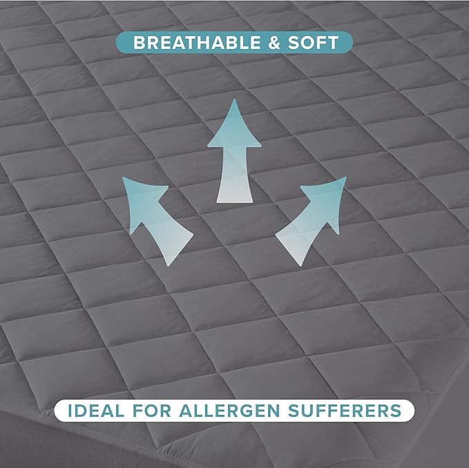 Bare Home Split Head Flex King Quilted Fitted Mattress Pad - Cooling Mattress Cover - Easily Washable - Elastic Fitted Cover for Mattress - Stretch-to-Fit up to 15" Deep (Split Head Flex King, Grey)