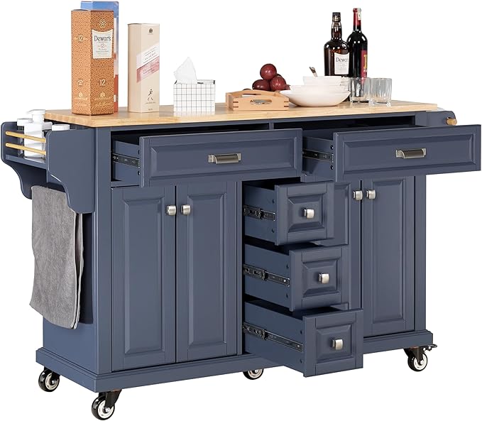 60.5 Rolling Solid Wood Kitchen Island with Rubberwood Top, 5 Drawers, 2 Cabinets, Adjustable Shelves, Spice Rack & Locking Wheels – Painted Finish, Navy Blue