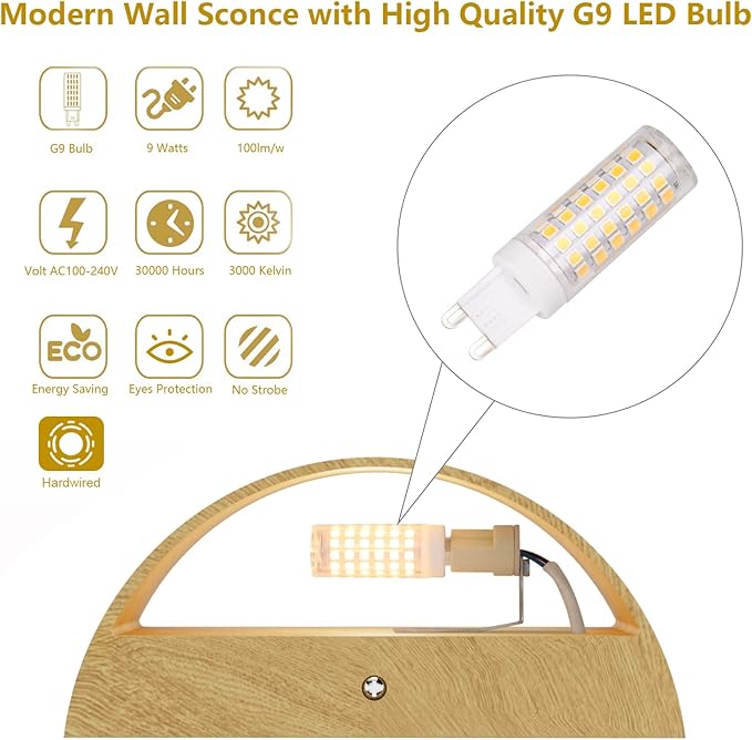 Aipsun Aluminum Modern LED Wall Sconce Hardwired Interior Wall Lights Set of 2 Wood Texture Up and Down Wall Mount Light for Living Room Bedroom Hallway Corridor Warm White 3000K(with G9 Bulbs)