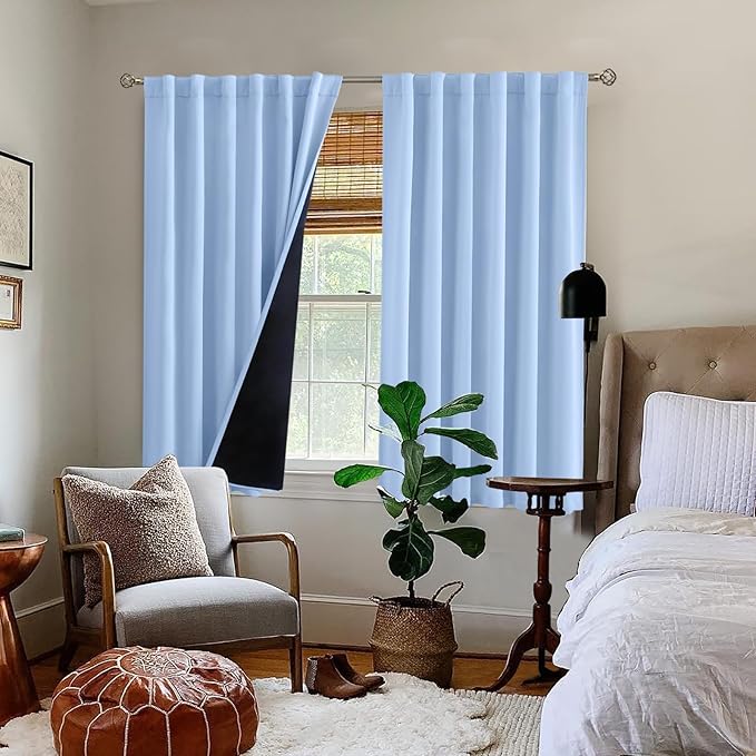 BGment Full Blackout Curtains with Liner Thermal Curtains 54 Inches Long, Rod Pocket and Back Tab Double Layer Room Darkening Window Curtains for Bedroom(52 x 54 Inch, 2 Panels, Light Blue)