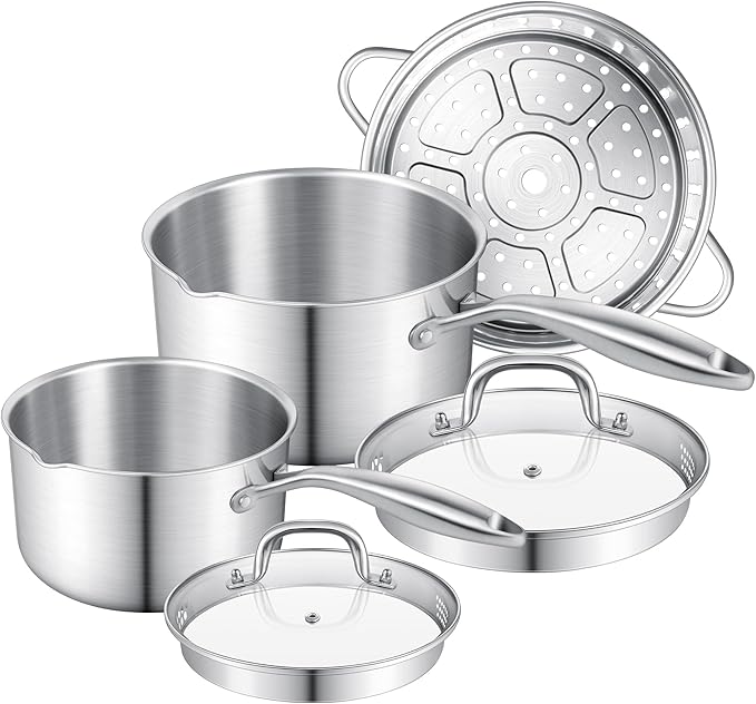 Leetaltree 1.5 and 2.5 Quart Stainless Steel Saucepan with Steamer Basket, Tri-ply Construction, Multipurpose Sauce Pan with Double-sized Drainage Lid - Perfect for Cooking Gravies, Pasta, Vegetable