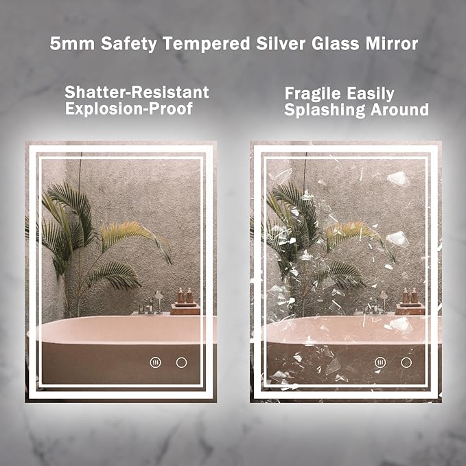 30" x 22" LED Bathroom Mirror with Lights Framed LED Mirror for Bathroom Backlit and Front Lighted Bathroom Mirror Black Square Aluminum Frame Anti-Fog Dimmable Adjustable Shatter-Proof