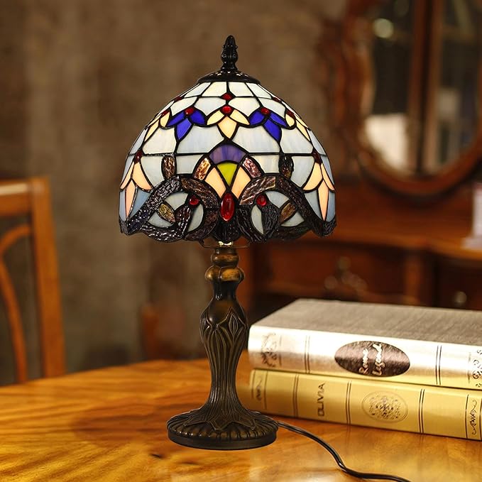 Tiffany Table Lamp for Bedroom Bedside Nightstand Table Lamp 3 Light Colors LED Stained Glass Lamp Shade End Side Small Table Lamps for Living Room 8X8X15Inch Hotel Home Reading Desk Lamp