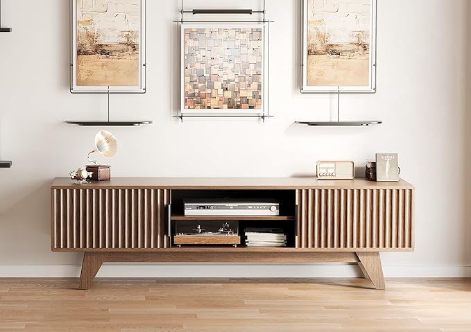 Claiks Mid-Century Modern TV Stand for 65 inch TV, Wood Fluted TV Stand with Storage and Adjustable Shelves, Low Profile TV Console for Living Room, Walnut