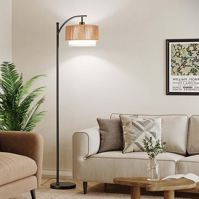 SUNMORY Floor Lamps for Living Room with 12W LED Bulb, Arc Floor Lamp with 3 Color Temperatures, Farmhouse Floor Lamps with Adjustable Rattan & Fabric Shades, Boho Standing Lamp for Bedroom, Corner