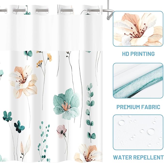 No Hook Shower Curtain with Snap in Liner - Floral Shower Curtain - Fabric Waterproof Inner Liner, Plants Watercolor Teal Flower Modern Cloth Shower Curtains - Machine Washable, 71 x 74