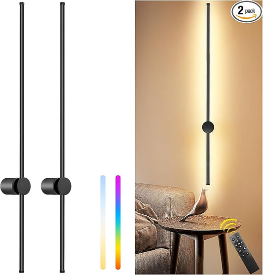 39.4 Inch Battery Operated Wall Sconces Set of Two, 12000mAh Rechargeable Wall Sconce with Remote Control, Dimmable LED Wireless Wall Lights for Bedroom, Living Room, 15 Colors, 180° Rotate, Black