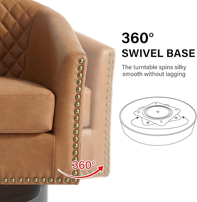 Swivel Barrel Accent Chair, Comfy Modern Upholstered Round Faux Leather Arm Chair for Living Room, Bedroom（Coffee, Set of 1