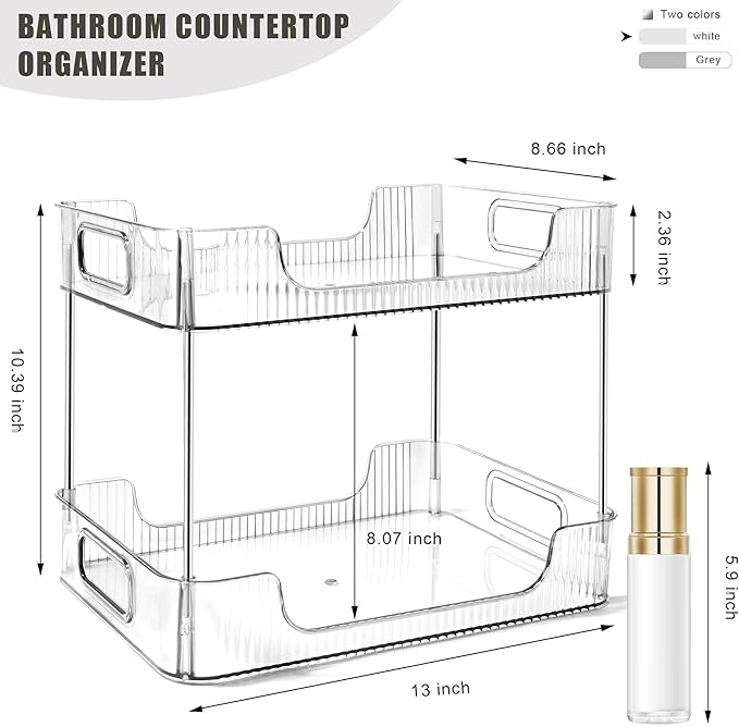 2-Tier Bathroom Counter Organizer Countertop Storage, Dresser Organizer Vanity Tray for Makeup, Perfume Organizer Cosmetics Skincare Shelf- Clear