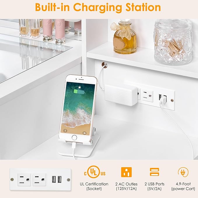 BEWISHOME Makeup Vanity Desk with Mirror and Lights,White Vanity Table with Glass Top,Makeup Desk with Power Outlet,5 Drawers,3 Lighting Modes,Stool,Nightstand,Dressing Table for Bedroom Girls FST29W