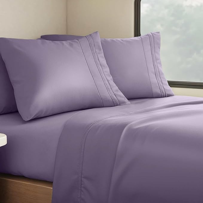 Clara Clark Bed Sheets, Premier 1800 Series 4 Piece RV Queen Sheet Set, Luxury Soft Sheets for RV Bunks, Short Queen - Grayish Purple