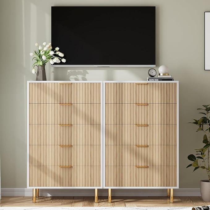 GarveeHome Natural 5 Drawer Dresser for Bedroom, 48” Tall Dresser Chest of Drawers, Modern Wood Storage Organizer with Gold Metal Handles & Anti-Tipping Device for Hallway, Entryway