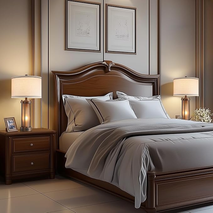 Farmhouse Table Lamps for Living Room with 2 USB Charging Ports, Vintage Rustic Nightstand Lamp with Amber Glass Nightlight, Retro Desk Lamp for Bedroom Entryway, 2 Bulbs Included