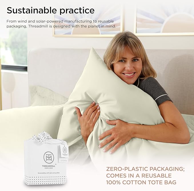 Threadmill Supima Cotton Sheets - King, 1000 Thread Count, 4 Piece Luxury Bed Sheets Set, Hotel Quality Sateen Weave, Ivory with Elasticized Deep Pocket