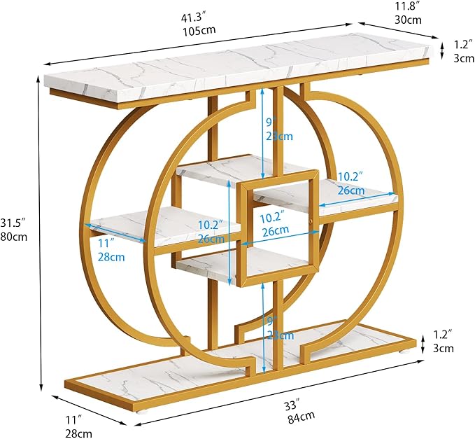 GiftGo Narrow Console Table for Entryway Industrial 4-Tier Sofa Table Behind Couch with Circle Base Rustic Wooden Accent Tables with Storage Shelves for Living Room, Hallway, Foyer (Gold and White)