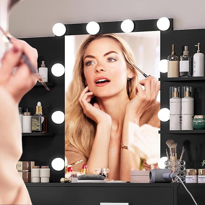 Vanity Desk with Mirror & Lights, Makeup Vanity with 6 Drawers, 6 Open Shelves and Power Outlet, 48” Storage Makeup Vanity Desk with Stool Bench for Women, Girls, Bedroom, Black