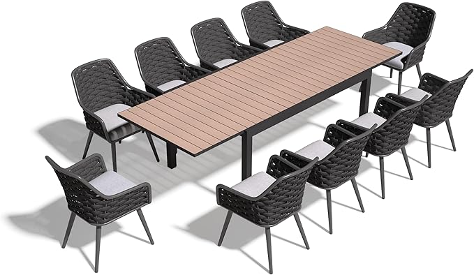 SUNSITT 11-Piece Outdoor Patio Dining Set, 63" - 105" Aluminum Expandable Outdoor Dining Table Set for 10, 10 Woven Rope Chairs with Gray Removable Cushions