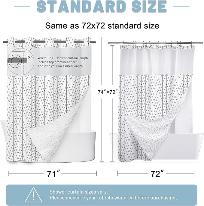 No Hook Geometric Striped Shower Curtain with Snap in Liner Set - Hotel Shower Curtain and Liner Set with See Through Mesh Top Window,Machine Washable, 71x74 INCH - Black White Chevron