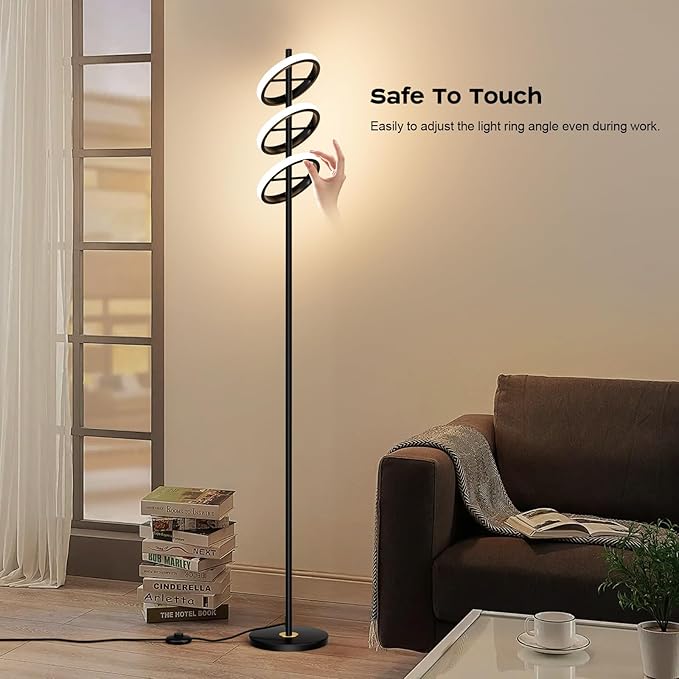 Modern LED Floor Lamp - Adjustable 3 Saturn Rings-Contemporary Tall Standing Lamp for Living Room & Office Bedroom Reading-Black