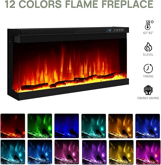 3-Sided Farmhouse LED Fireplace TV Stand, 70" Large Entertainment Center Glass Doors for TVs up to 80", Modern Wood Grain High-Gloss TV Storage Cabinet for Living Room, Light Grey