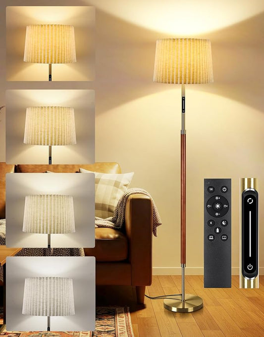 OUTON Wood Floor Lamp, Mid Century LED Modern Dimmable Standing Lamp with Remote & Touch Control, 4 Color Temperatures, Tall Floor Lamps for Living Room, Bedroom, Office, Walnut