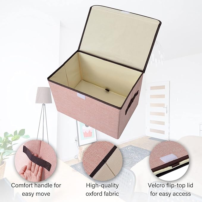 Linen Fabric Foldable Storage Cube Bin Organizer Basket with Flip-Top Lid & Handles, Large Clothes Blanket Box for Home, Office, Closet, Gray & Pink, 4 Pack 14.6 x 9.5 x 9.5”
