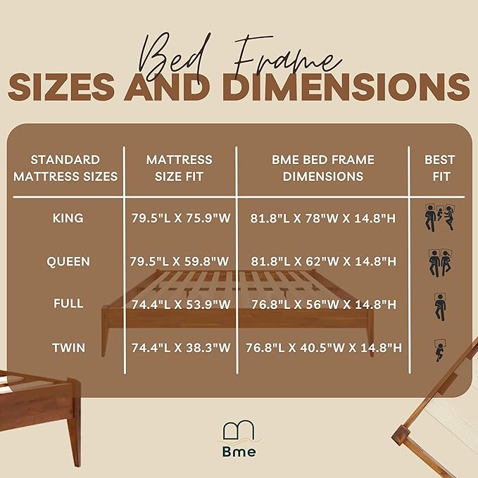 Bme Dinkee Twin Bed Frames without Headboard, Acacia Wood 15 Inch Platform Bed, Slat Support, Japanese Joinery Bed, No Box Spring Needed, Easy Assembly, Minimalist Modern and Bohemian Style, Caramel