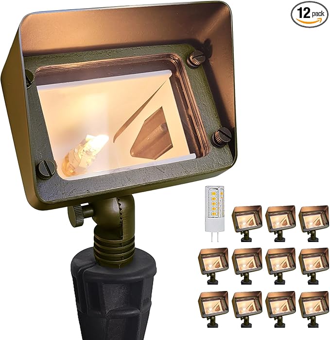 COLOER Brass Rectangular Flood Lights 12-Pack with 4W 2700K LED G4 Bulb, 12V Low Voltage Landscape Floodlights for Outside, Outdoor Wall Lights Illuminating Signs, Walls and Tree
