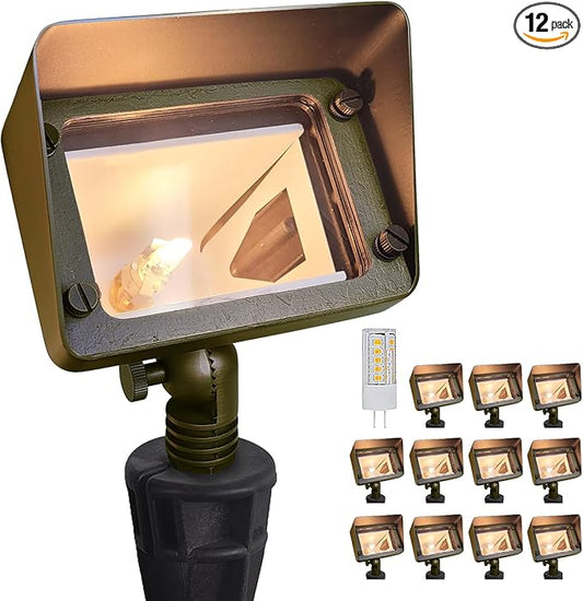 COLOER Brass Rectangular Flood Lights 12-Pack with 4W 2700K LED G4 Bulb, 12V Low Voltage Landscape Floodlights for Outside, Outdoor Wall Lights Illuminating Signs, Walls and Tree