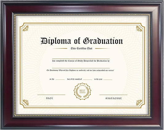 GraduatePro 8.5x11 Diploma Frame, Picture Frame for Wall and Tabletop Display with UV Protection Acrylic, Professional Wooden Look, Mahogany with Gold Beaded