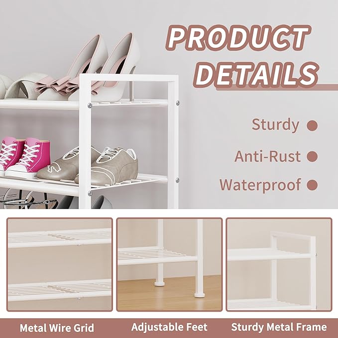 DongRong 4-Tier Shoe Rack,Metal White Shoe Storage Organizer Shelf for Closet,Entryway,Hallway,Dorm (White, 4 Tier)