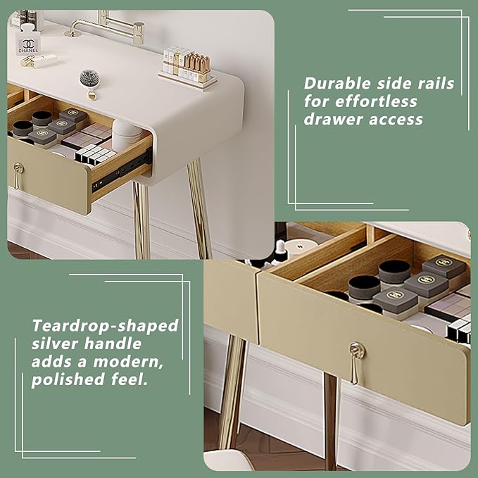 Vanity Desk with Adjustable Mirror and Lights, Makeup Vanity with 2 Drawers and Chair, Small Dressing Table with Leather Surface for Bedroom, 3 Lighting Modes