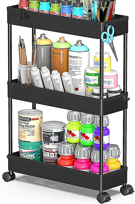 SPACEKEEPER Slim Rolling Storage Cart, 3 Tier Bathroom Storage Organizer Laundry Room Utility Cart Mobile Shelving Unit, Multi-Purpose for Kitchen Office Bathroom Laundry Narrow Places, Black