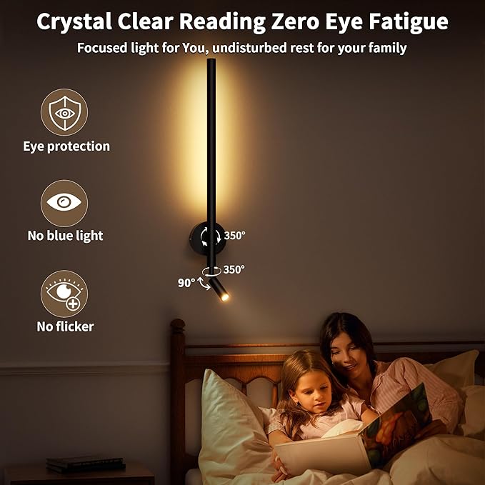 Battery Operated Wall Sconces Set of 2 with Reading Spotlights, Rechargeable LED Wall Lights Wireless with Remote, Indoor Modern Decor for Living Room Bedroom Stairwell Lighting Black