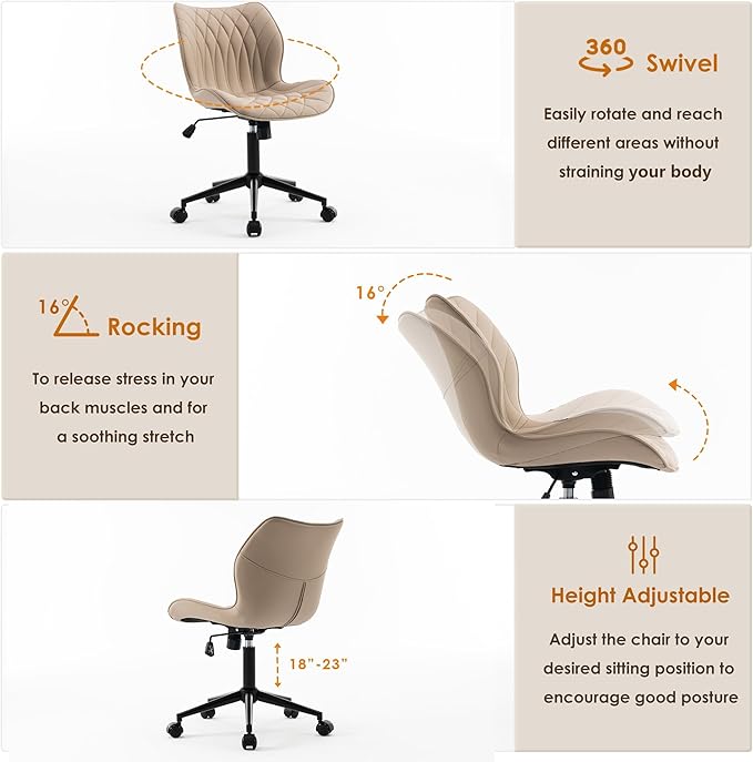 YOUNUOKE Armless Desk Chair Comfy Office Chair with Wheels Home Ergonomic Task Chair Adjustable Computer Chairs Modern Faux Leather Swivel Chair Upholstered Makeup Vanity Chair with Back(Khaki)