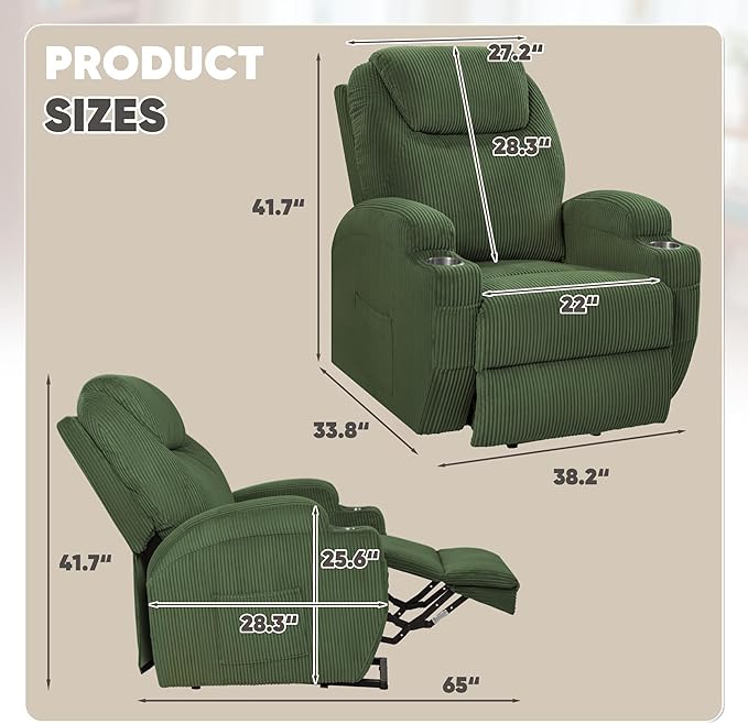 VICTONE Electric Power Lift Recliner Chair for Elderly Reclining Sofa for Living Room with Massage, Side Pockets and Cup Holders (Corduroy, Green)