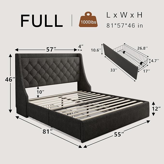 Full Size Bed Frame with 4 Storage Drawers, Upholstered Bed Frame with Large Wingback Headboard, Charging Station, No Box Spring Needed, Dark Grey