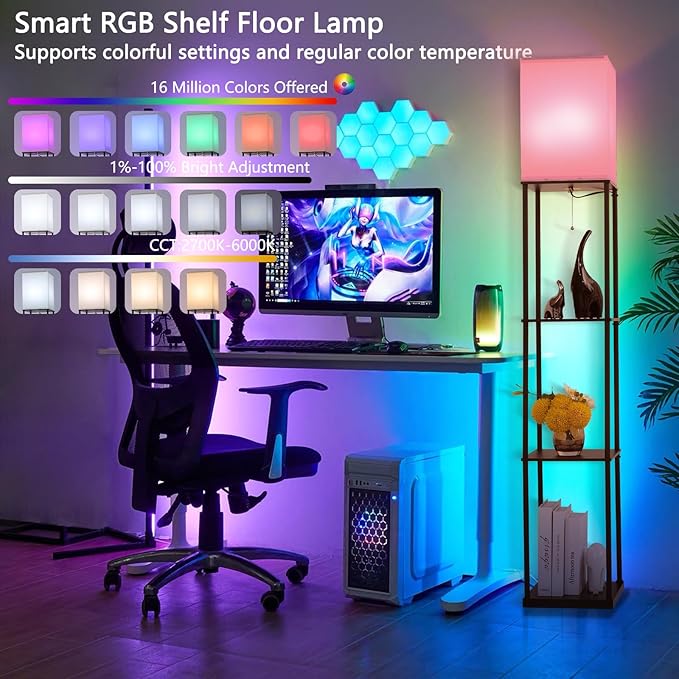 Floor Lamp with Shelves, with Modern Square Standing Lamp with Smart APP Control RGB Bulb, Corner Display Bookshelf Lamp for Living Room, Bedroom and Office(brown-9RGB)