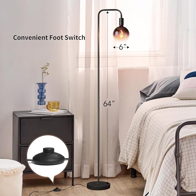 ONEWISH Floor Lamp for Living Room - Minimalist Industrial Standing Lamp with Modern LED Bulb, Globe Black Clear Glass 6", 1800K Warm Ambiant Lighting Decorative Tall Floor Lamp for Bedroom Office