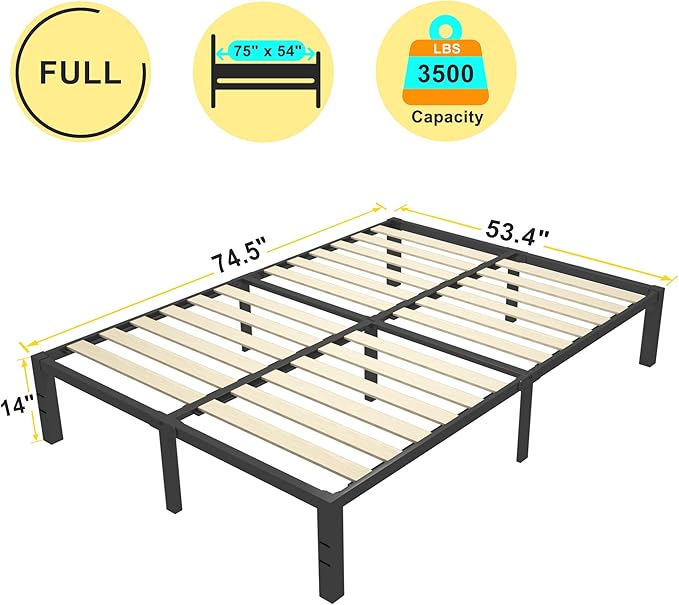 ROIL 14 inch Full Size Bed Frames with Wood Slats - 3500lbs Heavy Duty No Box Spring Needed Platform, Mattress Stoppers Double Metal Noise Free Bedframe with Headboard Hole