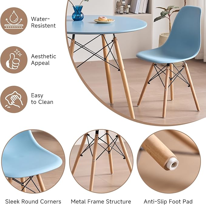 35.5'' 5 Piece Round Dining Table Set for 4, Mid-Century Modern Table with Chairs, Space Saving, Plastic Seats, Wood Legs, Circle Dinner Table for Kitchen, Home, Apartment, Blue