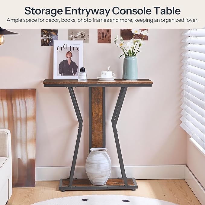 HOOBRO Narrow Console Table, 29.5" Small Entryway Table with Storage, 2-Tier Behind Sofa Table, Modern Style, for Living Room, Hallway, Foyer, Bedroom, Rustic Brown and Black BF66XG01