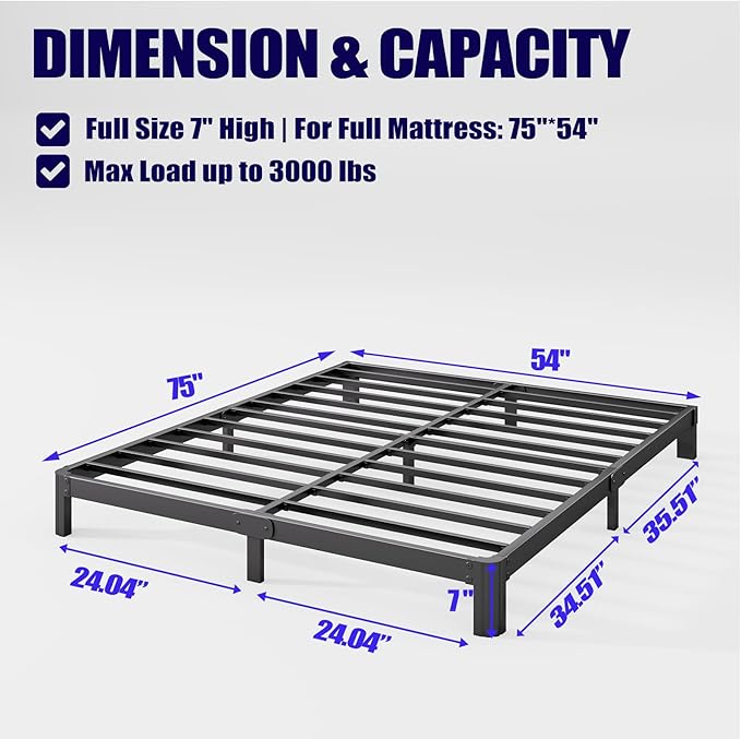 7in High Full Size Bed Frame No Box Spring Needed, Heavy Duty Metal Platform Bed Frame Full with Round Corners, Easy Assembly, Noise Free, Black