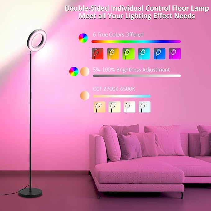 [2025 New]42W Dual-Sided Floor Lamp, RGB Color Changing LED Standing Lamp with Remote, Stepless Dimmabe Warm/Neutral/Cool Floor Light, Modern Torchiere Tall Lamps for Living Room Bedroom Gaming Party