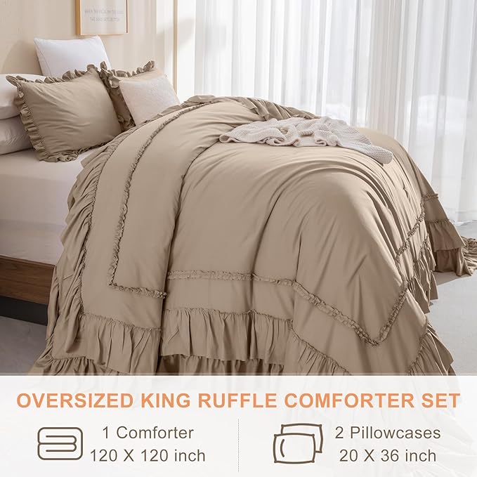 QSH 3PCs Light Taupe Oversized King Comforter Set 120x120,Shabby Vintage Chic Ruffled Bedding Comforter Extra Large Farmhouse French Country Rustic Comforter Microfiber Soft Lightweight Bedding